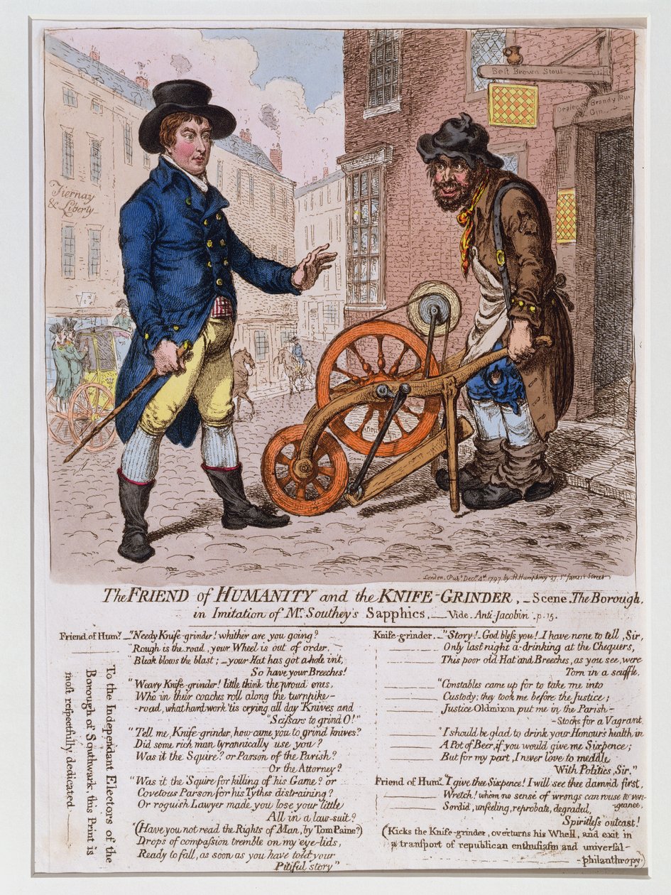 The Friend of Humanity and the Knife-Grinder, vydal Hannah Humphrey v roce 1797 (ručně kolorovaný lept) od James Gillray