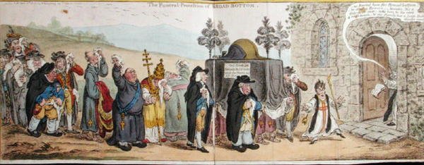 The Funeral Procession of Broad-Bottom, publikoval Hannah Humphrey v roce 1807 (ručně kolorovaný lept) od James Gillray