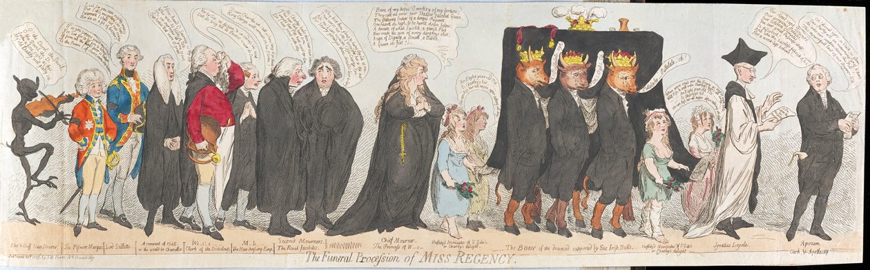 Pohřební průvod slečny Regencyové, pub. 1789 (ručně kolorovaná rytina) od James Gillray