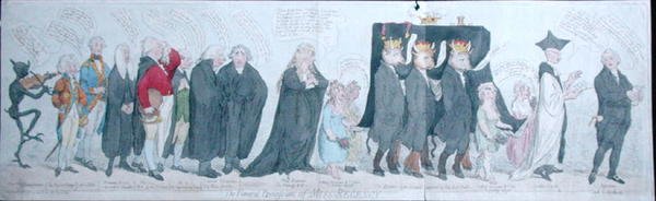 Pohřební průvod slečny Regency, vydaný S.W. Fores v roce 1789 (ručně kolorovaný lept) od James Gillray