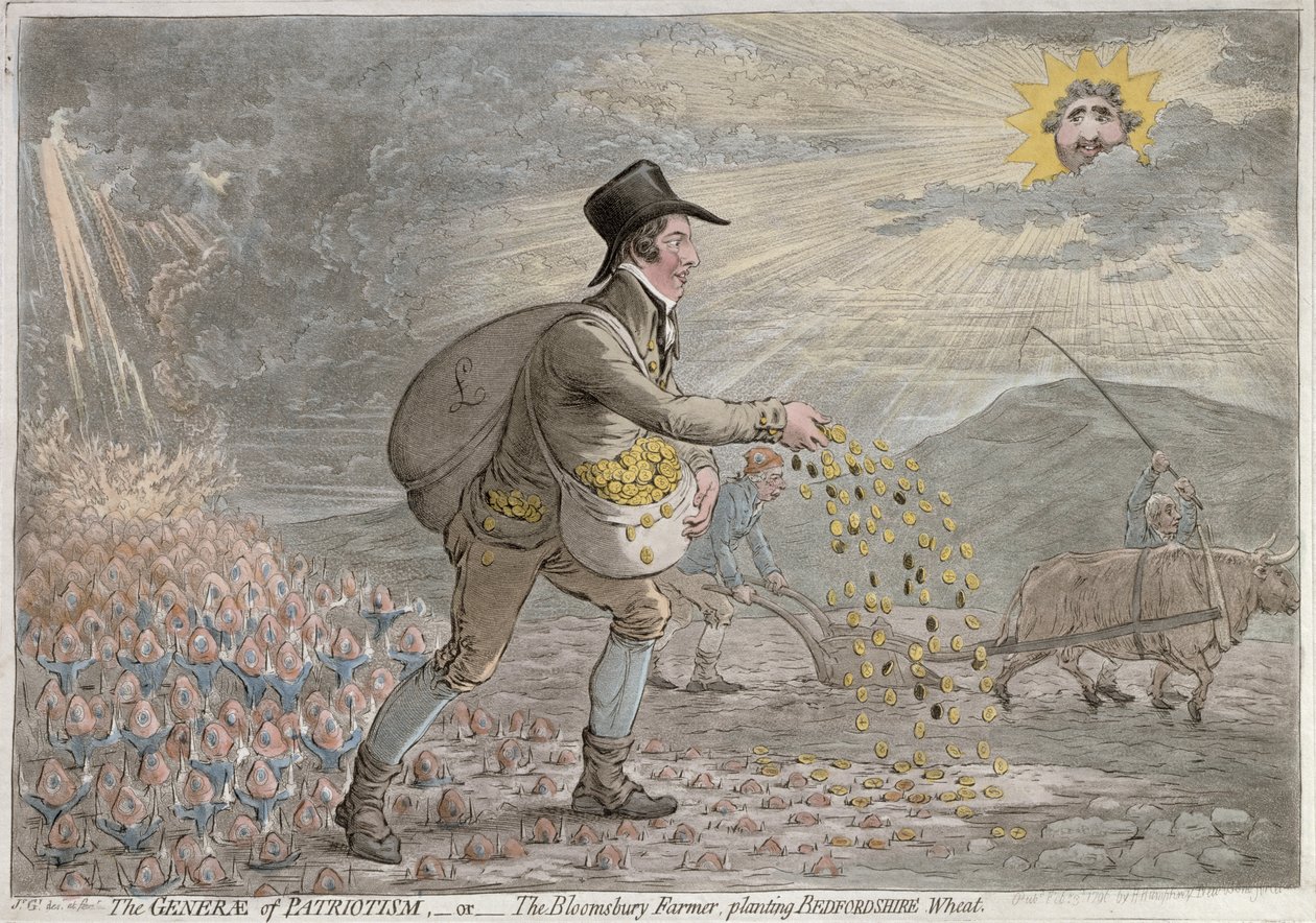 The Generae of Patriotism, or The Bloomsbury Farmer planting Bedfordshire Wheat, vydala Hannah Humphrey v roce 1796 (ručně kolorovaný lept) od James Gillray