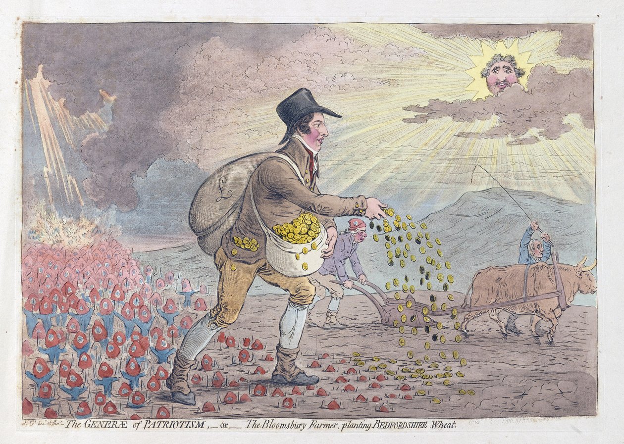 The Generae of Patriotism, nebo The Bloomsbury Farmer planting Bedfordshire Wheat, pub. 1796 (ručně kolorovaná rytina) od James Gillray
