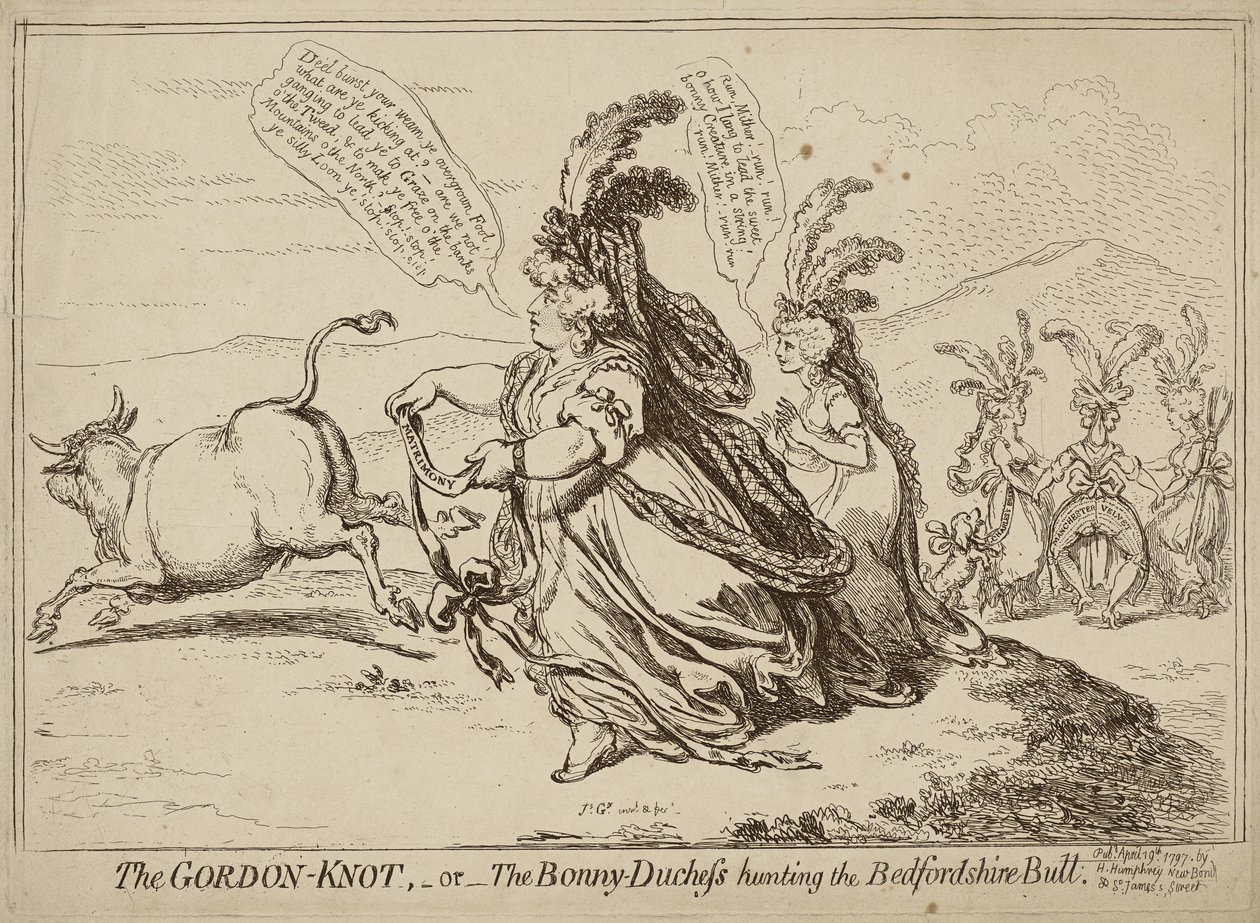 The Gordon Knot aneb The Bonny-Duchess Hunting the Bedfordshire Bull, vydáno 29. dubna 1797 (lept na tkaném papíře) od James Gillray