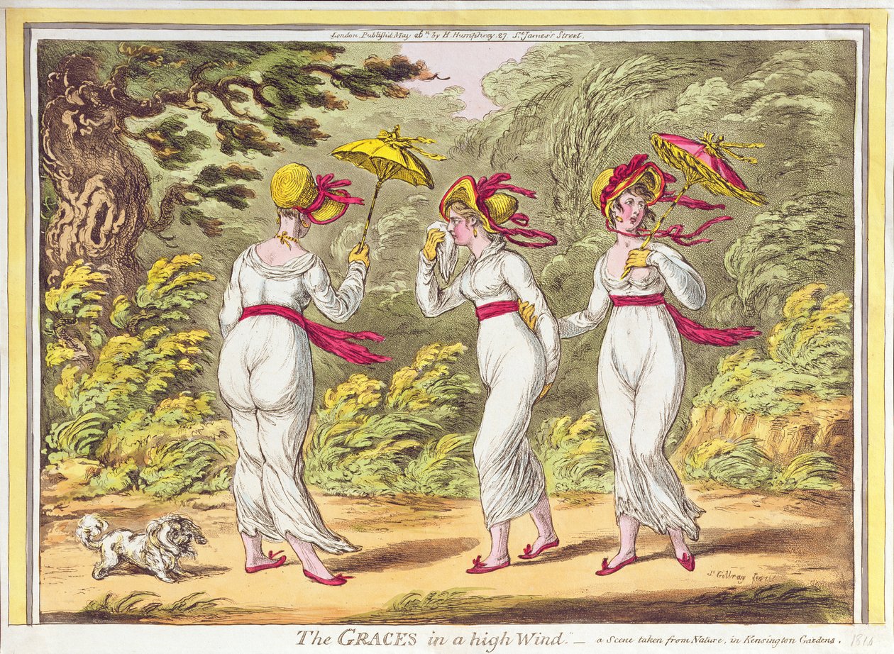 The Graces in a High Wind, Scéna převzatá z Nature v Kensington Gardens, hospoda. od Hannah Humphrey, 1810 od James Gillray