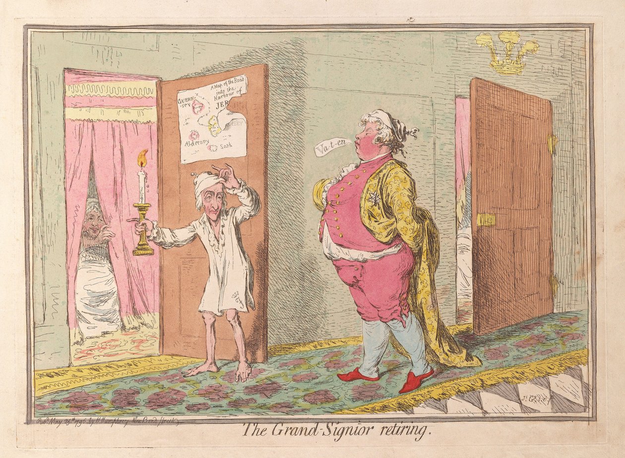 Grand Signior odchází do důchodu, hospoda. 1796 (ručně kolorovaná rytina) od James Gillray