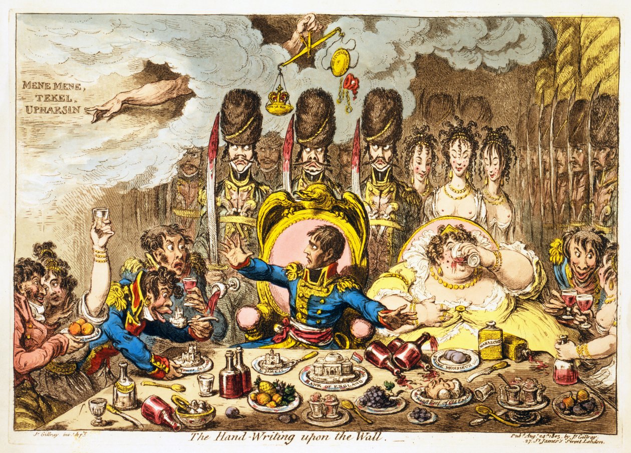 The Hand-Writing on the Wall, hospoda. 1803 (ručně kolorovaná rytina) od James Gillray