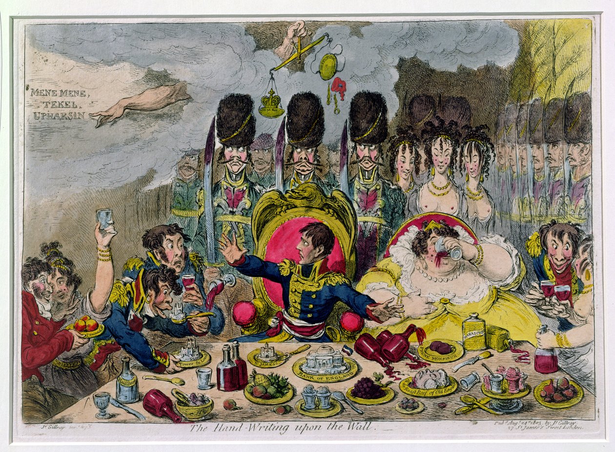 The Hand-Writing on the Wall, vydané Hannah Humphrey v roce 1803 (ručně kolorovaný lept) od James Gillray