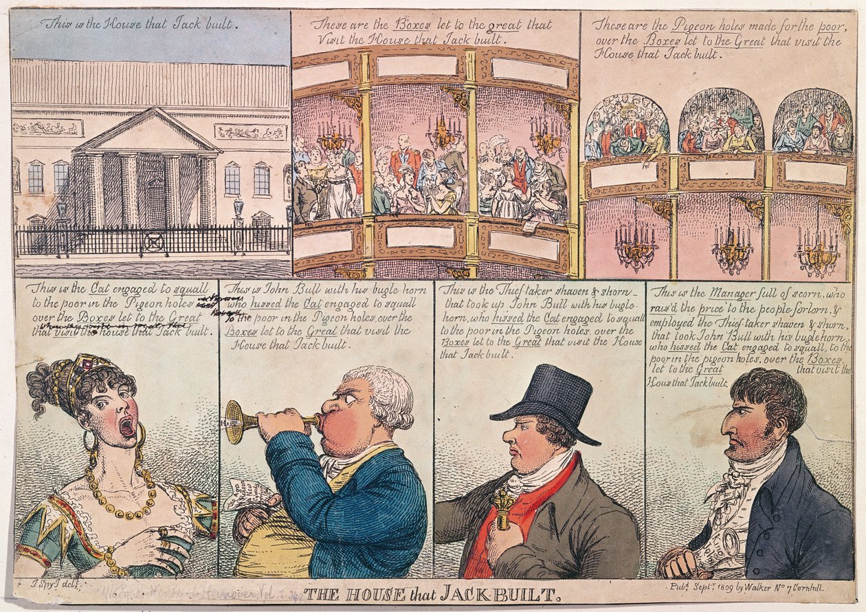 Dům, který postavil Jack, vydal Walker v roce 1809 (ručně kolorovaný lept) od James Gillray