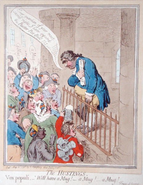 The Hustings, vydané Hannah Humphrey v roce 1796 (ručně kolorovaný lept) od James Gillray