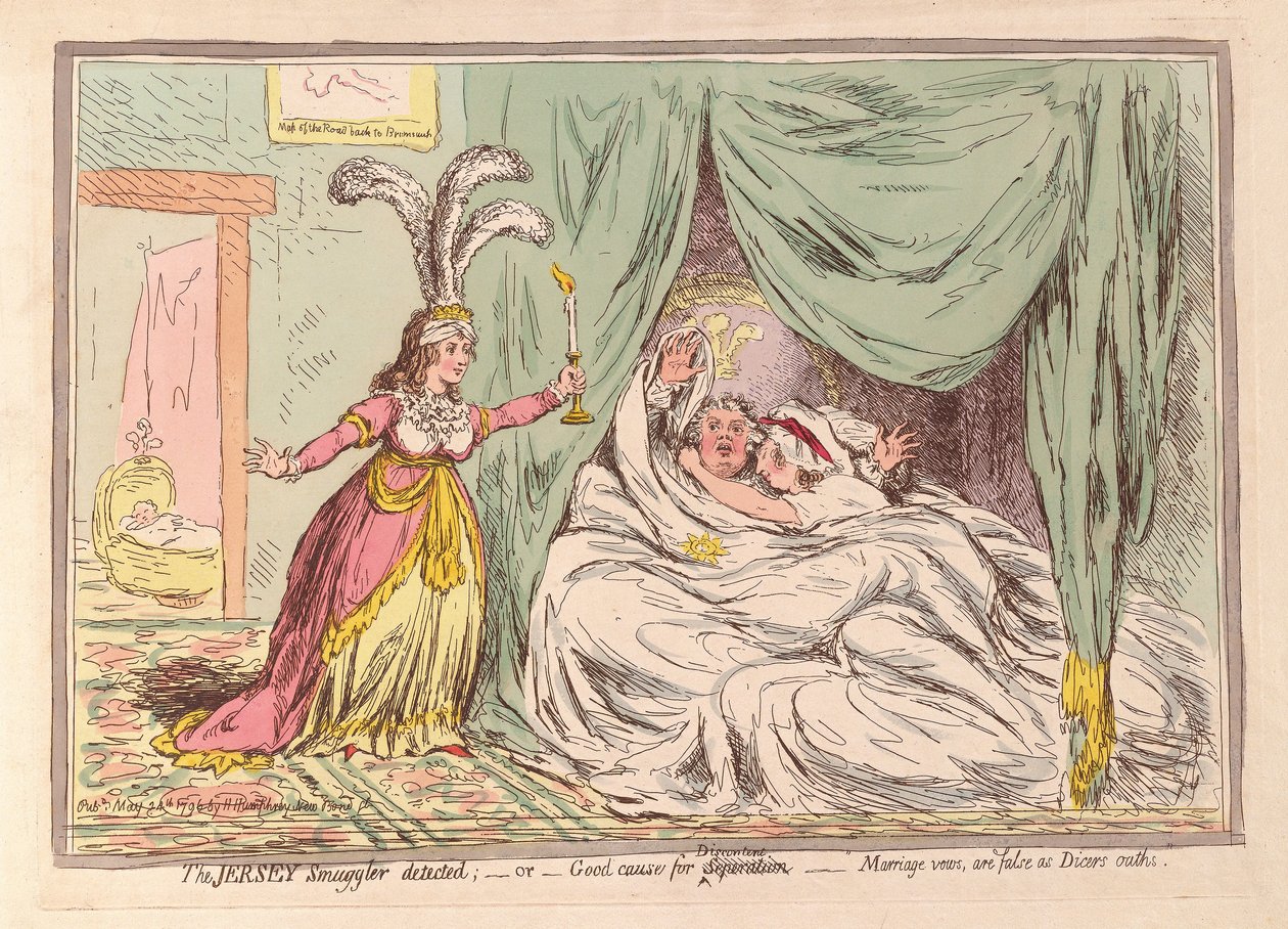 Detekován Jersey Smuggler, aneb Dobrý důvod pro Separaci, Manželské sliby jsou falešné jako Dicerovy přísahy, hospoda. 1796 (ručně kolorovaná rytina) od James Gillray