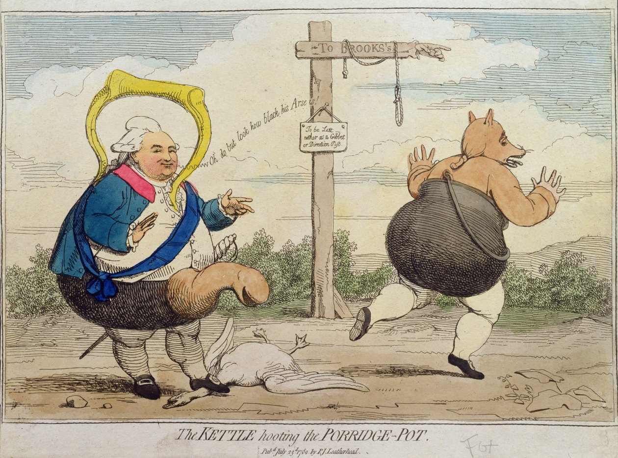 The Kettle Hooting the Porridge-Pot, publikoval P.J. Leatherhead v roce 1782 (ručně kolorovaný lept) od James Gillray