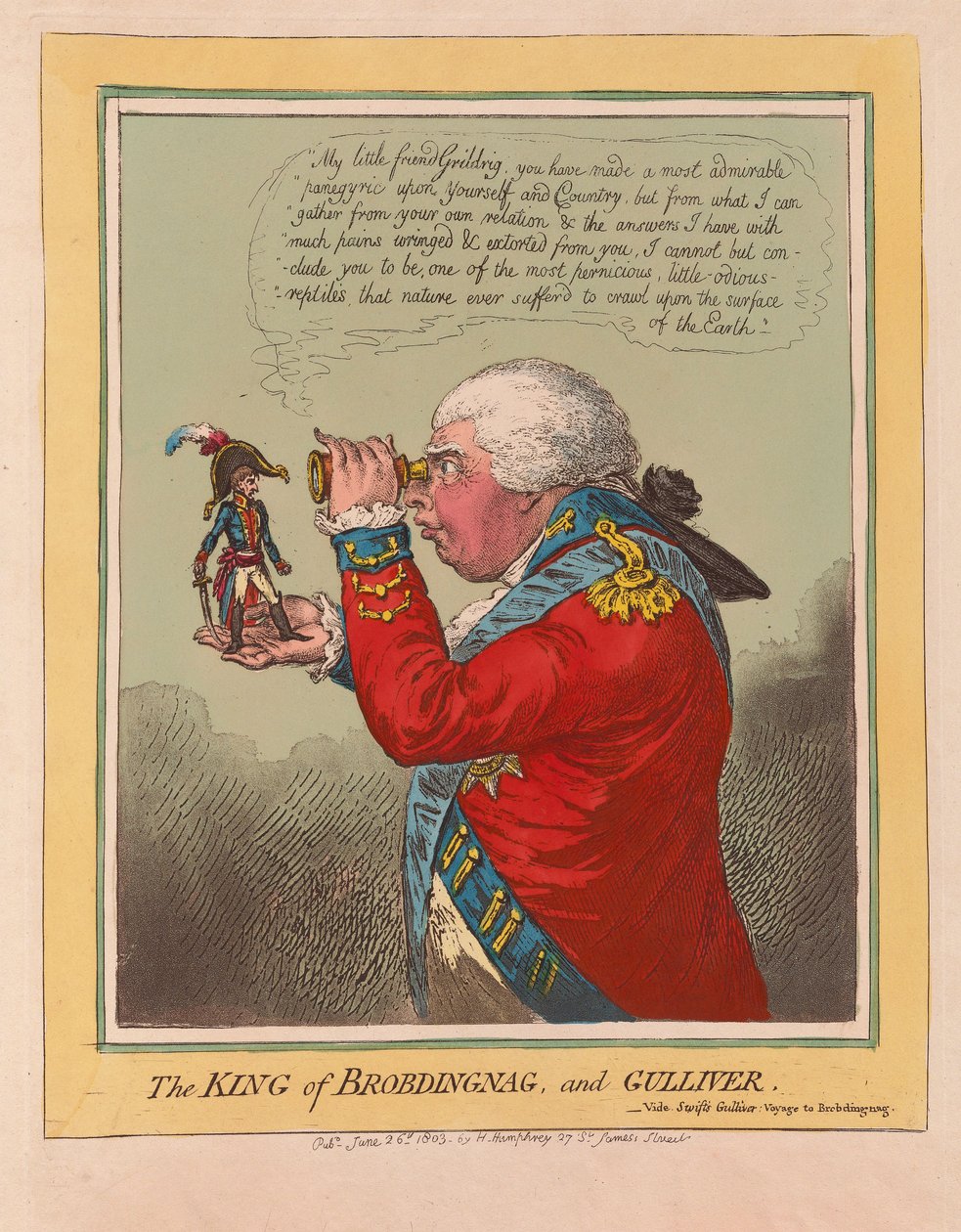 The King of Brobdingnag and Gulliver, pub. 1803 (ručně kolorovaná rytina) od James Gillray