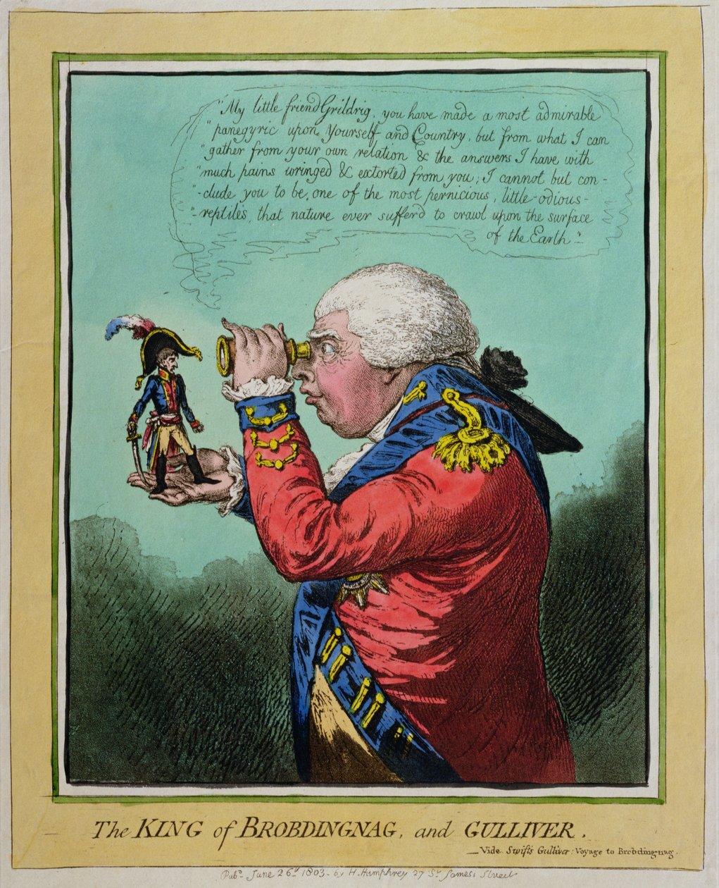 The King of Brobdingnag and Gulliver, publikovala Hannah Humphrey v roce 1803 (ručně kolorovaný lept) od James Gillray