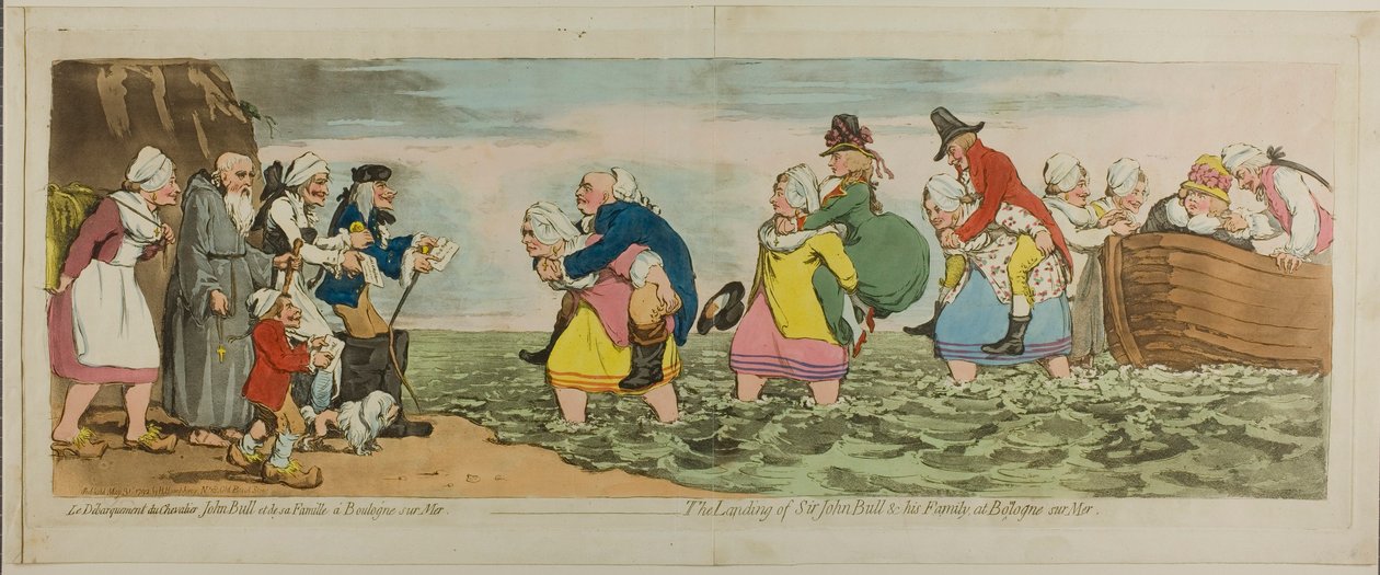 Vylodění sira Johna Bulla a jeho rodiny v Boulogne sur mer od James Gillray