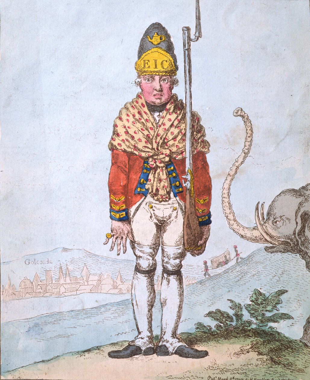 The Leadenhall Volunteer, dress in his Shawl, publikovala Hannah Humphrey v roce 1797 (ručně kolorovaný lept) od James Gillray