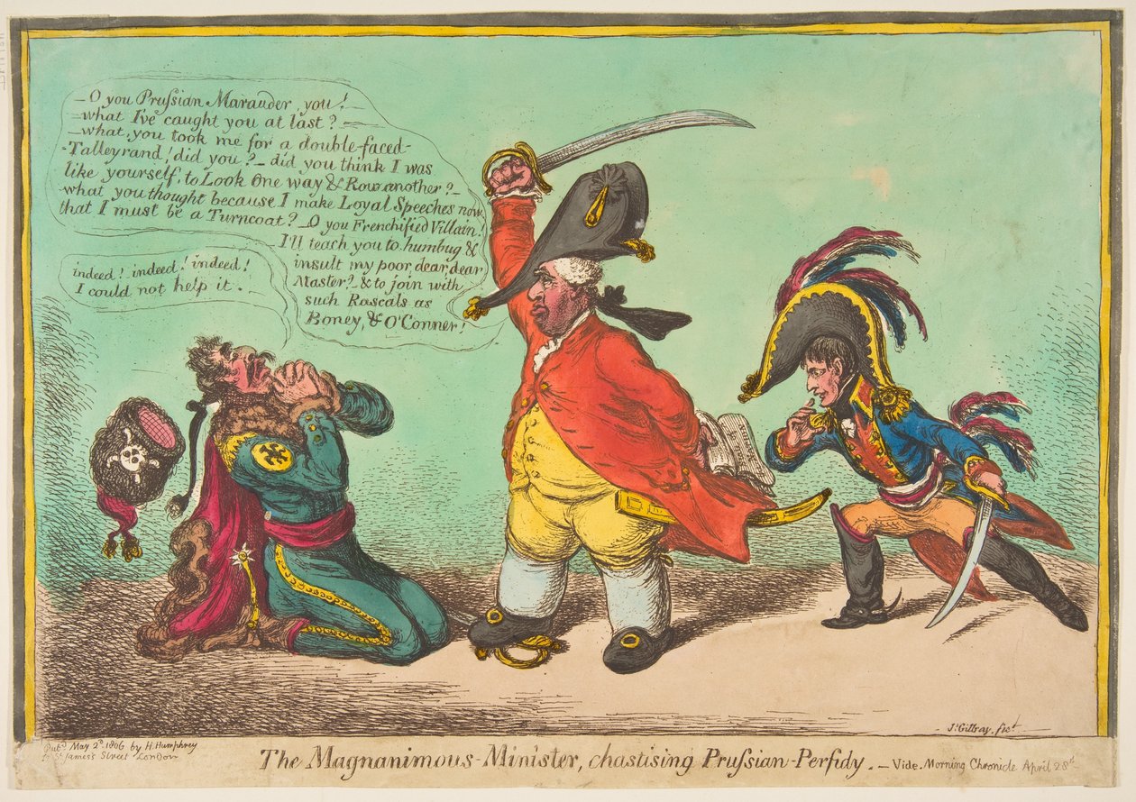 Velkorysý ministr, kárající pruské proradnosti, hospoda. 1806 (ručně kolorovaná rytina) od James Gillray