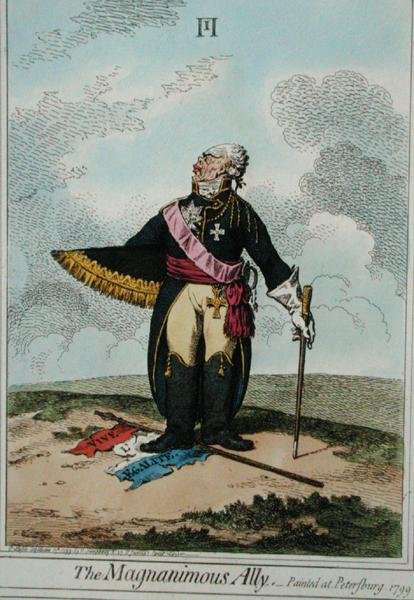 The Magnanimous Ally, vydala Hannah Humphrey v roce 1799 (ručně kolorovaný lept) od James Gillray