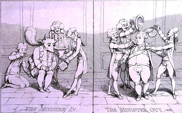 The Minister In - The Minister Out, publikoval William Humphrey v roce 1782 (lept) od James Gillray