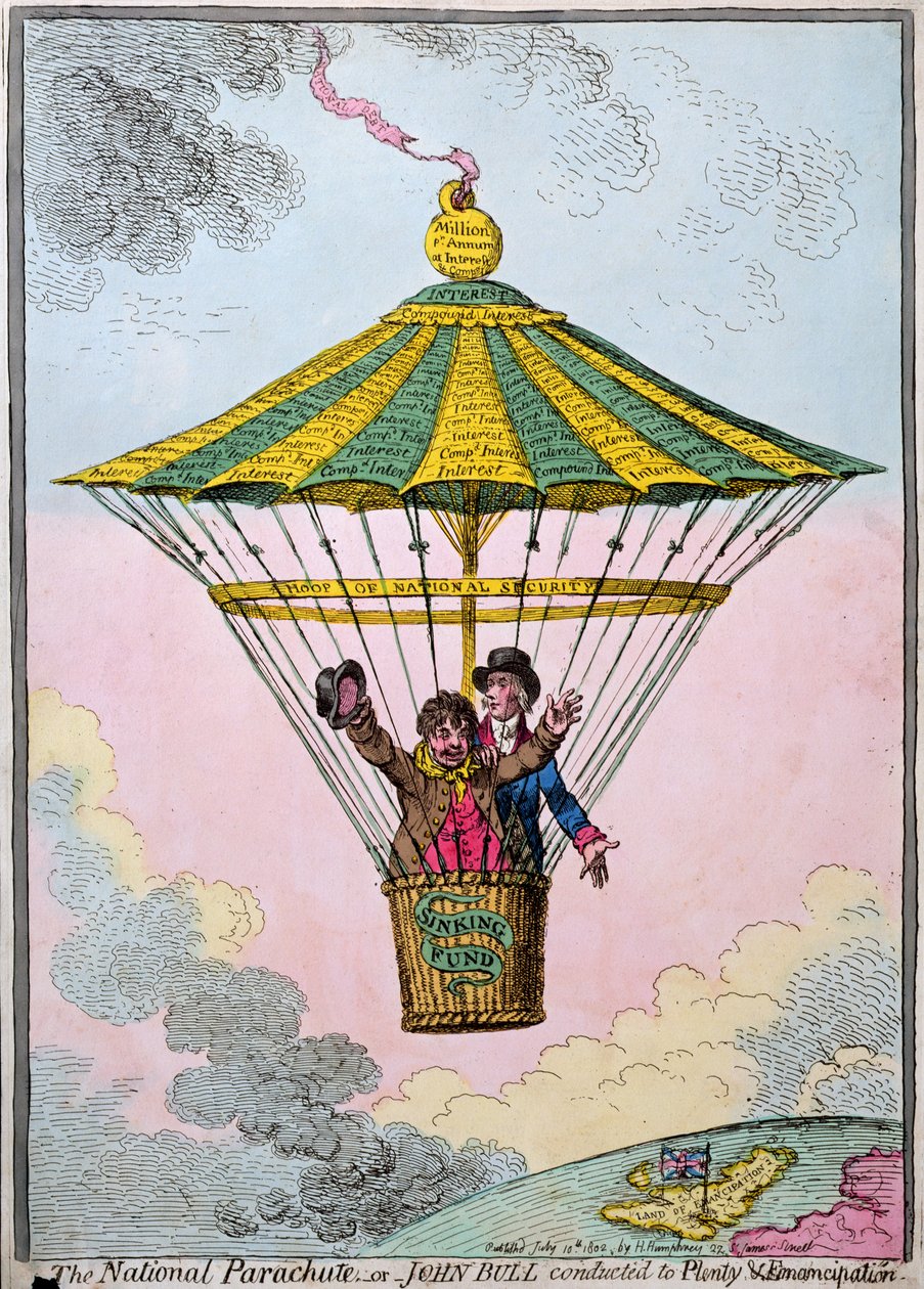 The National Parachute, neboli John Bull vedený k Plenty and Emancipation, publikovala Hannah Humphrey v roce 1802 (ručně kolorovaný lept) od James Gillray
