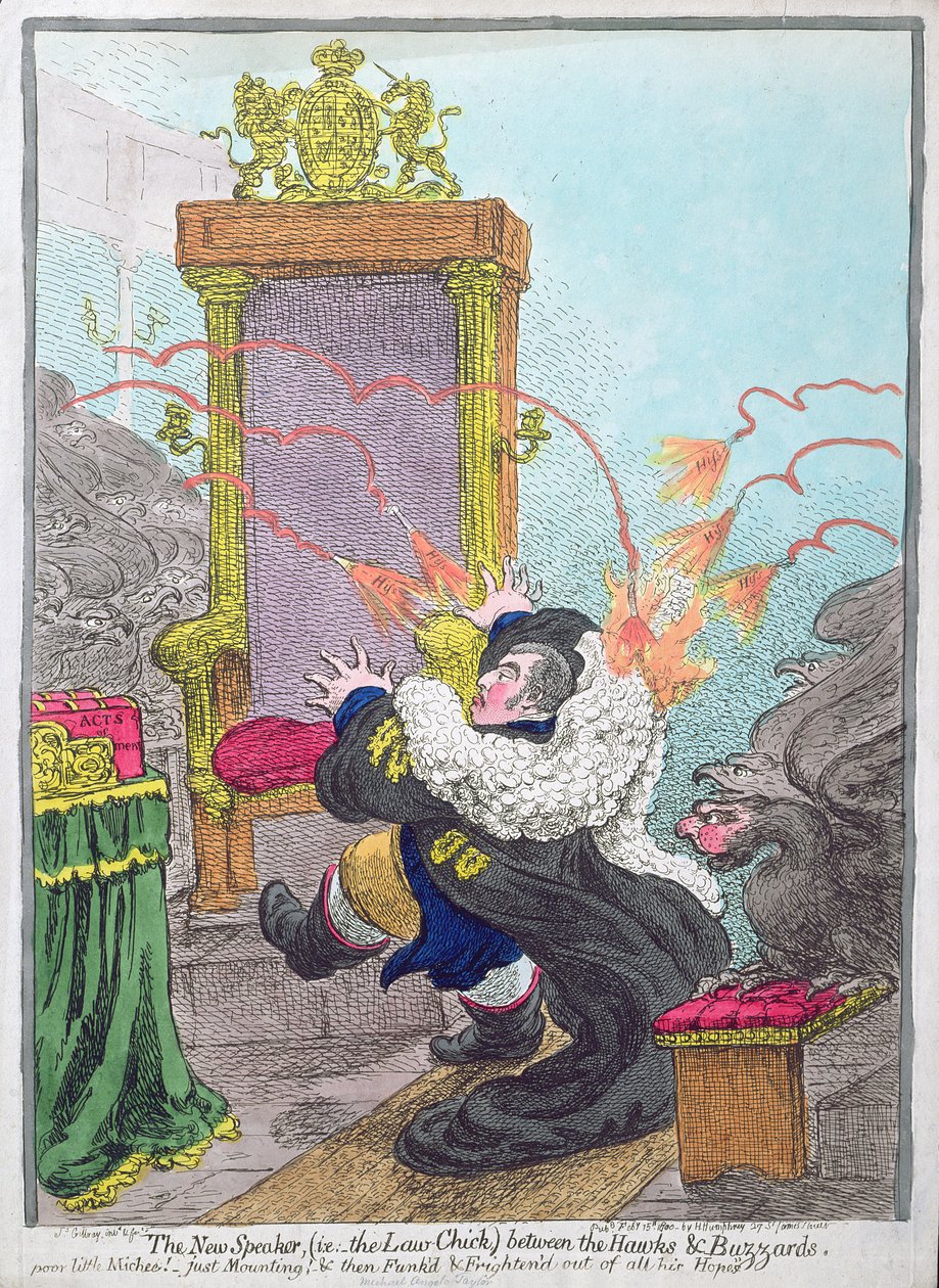 The New Speaker (tj. Law-Chick) mezi jestřáby a káněmi, kterou vydala Hannah Humphrey v roce 1800 (ručně kolorovaný lept) od James Gillray