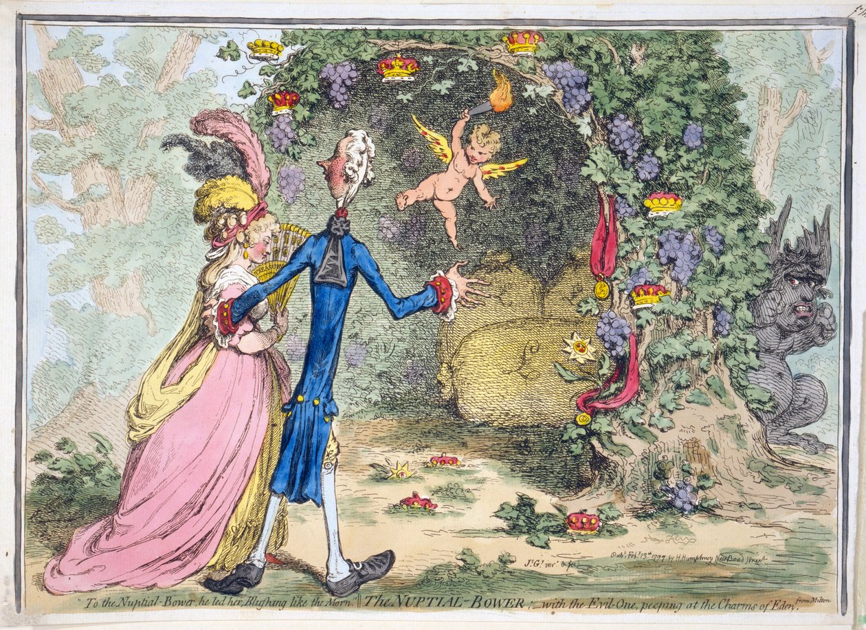 The Nuptial Bower, pub. Hannah Humphrey, 13. února 1797 (ručně kolorovaná rytina) od James Gillray