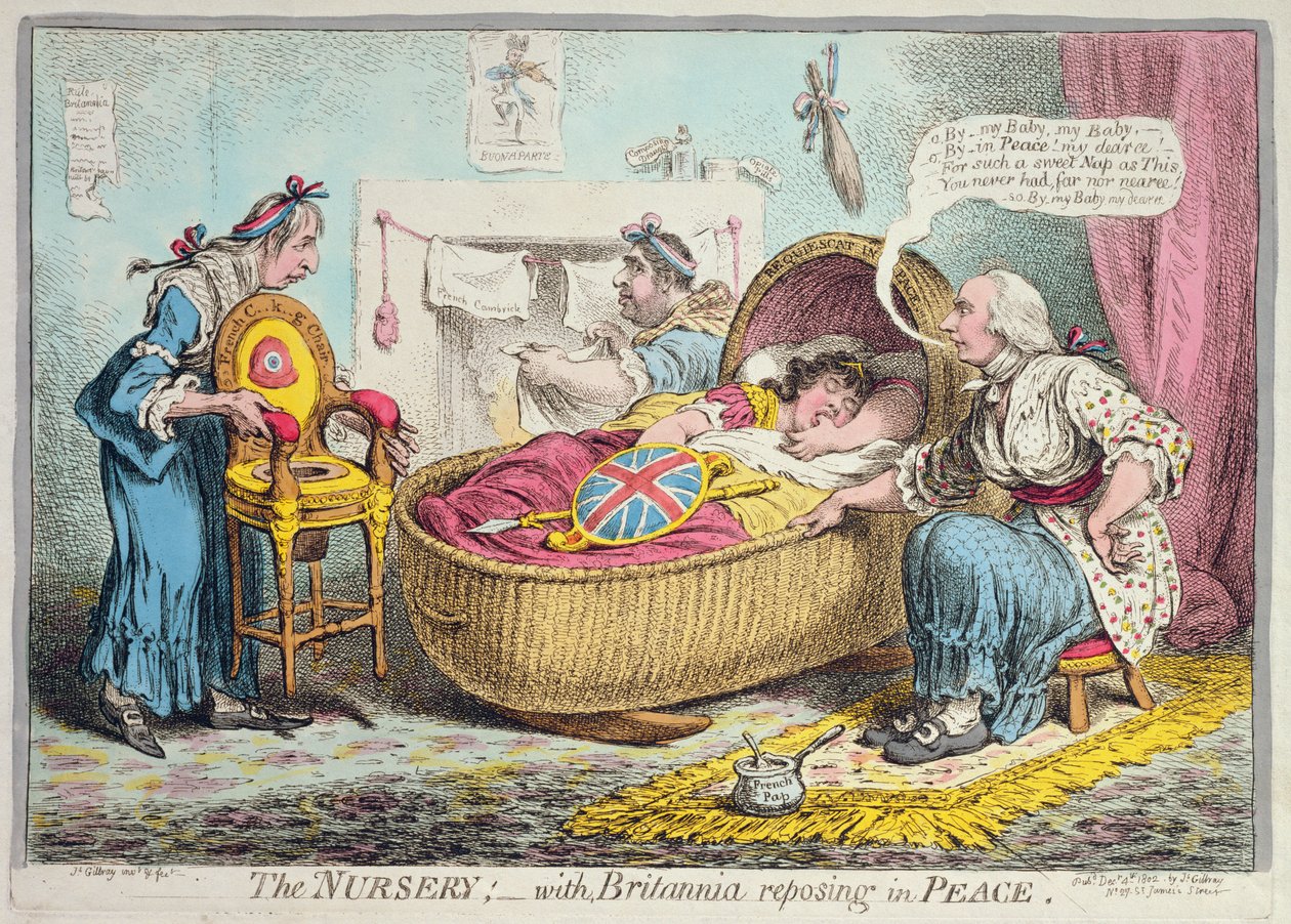 Školka! s Britannia reposing in Peace, vydané Hannah Humphrey v roce 1802 (ručně kolorovaný lept) od James Gillray