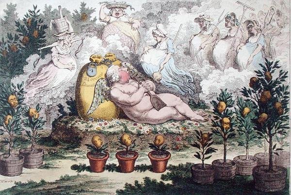 Oranžerie neboli The Dutch Cupid reposing, After the Fatigues of Planting, publikovala Hannah Humphrey v roce 1796 (ručně kolorovaný lept) od James Gillray