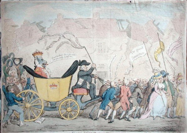 The Pacific Entrance of Earl-Wolf into Blackhaven, publikovala Hannah Humphrey v roce 1792 (ručně kolorovaný lept) od James Gillray