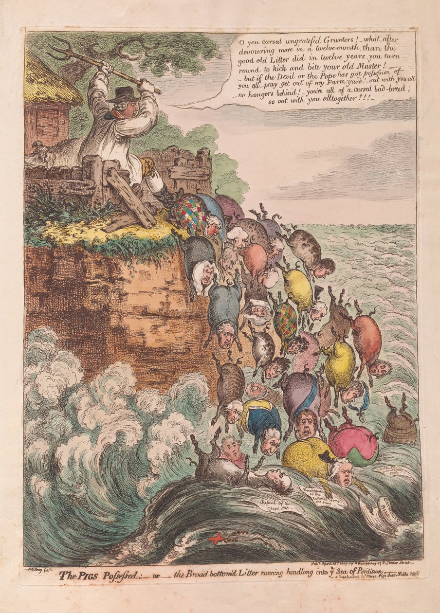 The Pigs Possessed: or the Broad bottomd Litter running headlong into the Sea of Perdition (Posedlá prasata aneb Široký spodek běží střemhlav do moře zkázy), pub. 1807 (ručně kolorovaná rytina) od James Gillray