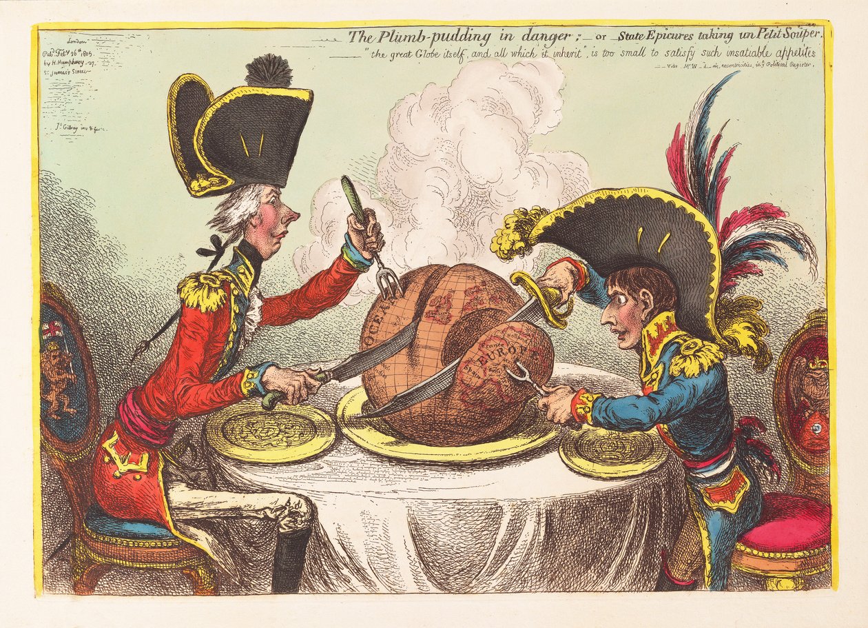 Švestkový pudink v ohrožení nebo State Epicures s Petit Souper, hospoda. 1805 (ručně kolorovaná rytina) od James Gillray