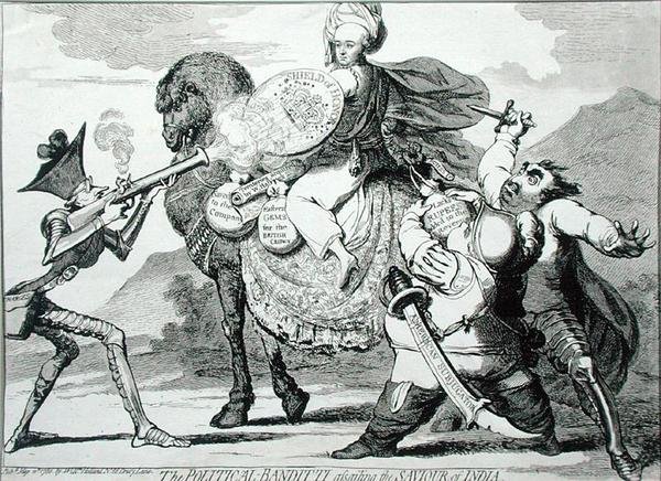 The Political Banditti Assailing the Saviour of India, publikoval W. Holland v roce 1786 (lept) od James Gillray