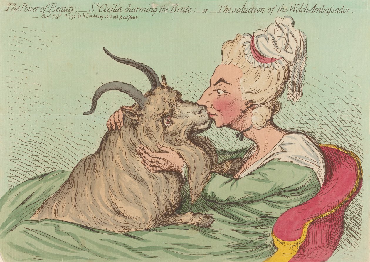Síla krásy; - Svatá Cecílie okouzluje zvíře; - aneb - Svedení velšského velvyslance (z: Caricature, sv. 2) od James Gillray