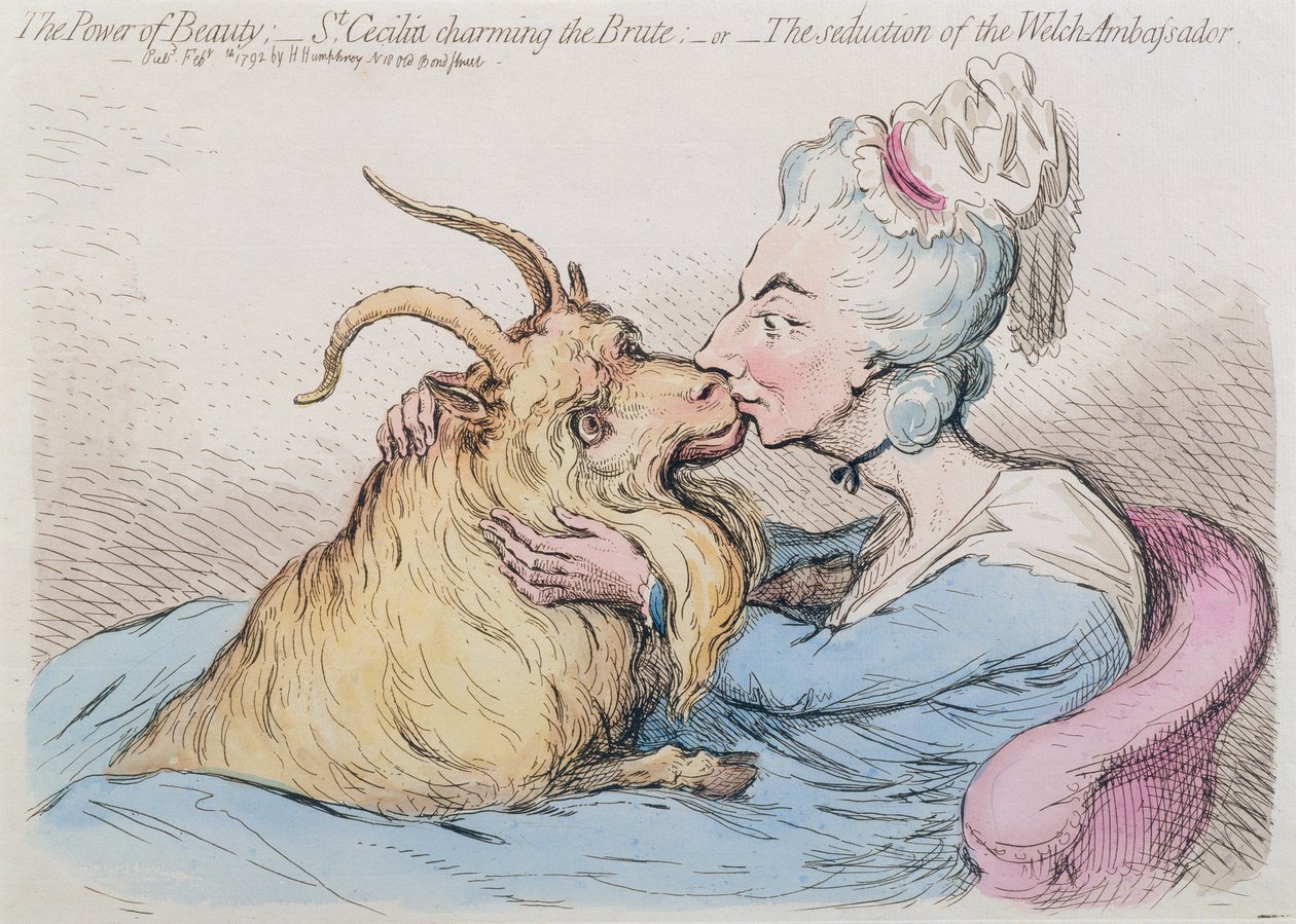 Síla krásy: Cecilia Charming the Brute, or The seduction of the Welch Ambassador, vydala Hannah Humphrey v roce 1792 (ručně kolorovaný lept). od James Gillray