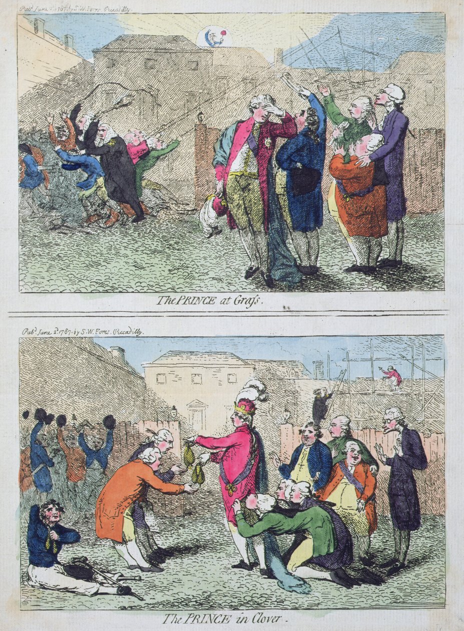 Princ v trávě a Princ v jeteli nakladatelství S.W. Fores v roce 1787 (ručně kolorovaný lept) od James Gillray