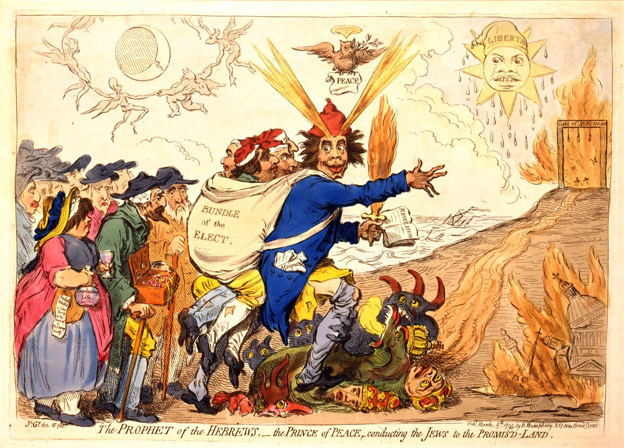 Prorok Hebrejců - Kníže míru, který vede Židy do zaslíbené země, nakl. Hannah Humphrey, 1795 (ručně kolorovaná rytina) od James Gillray