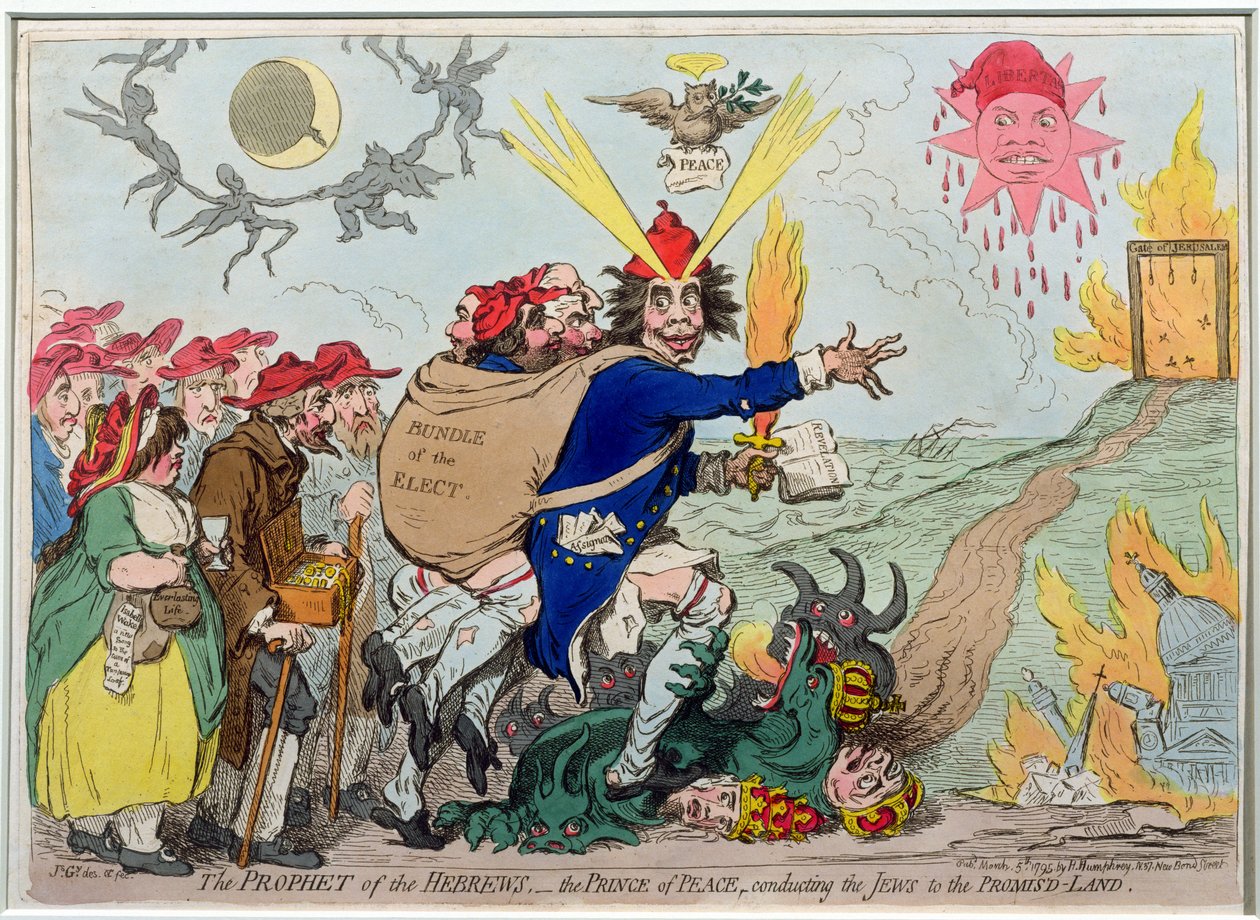 The Prophet of Hebrews: Prince of Peace routing Židy do zaslíbené země, publikovala Hannah Humphrey v roce 1795 (ručně kolorovaný lept) od James Gillray