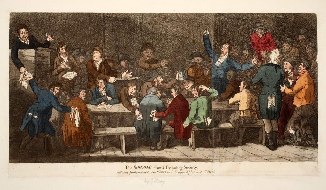 The ROBBING Hood Debating Society, hospoda S. Tipper, 1. ledna 1809 (ručně kolorovaná rytina) od James Gillray