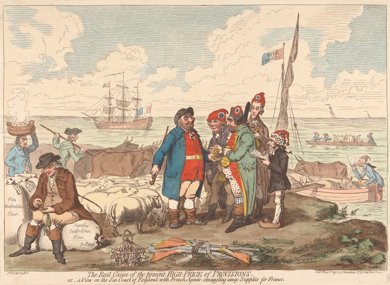 Skutečná příčina současné vysoké ceny potravin aneb pohled na mořské pobřeží Anglie s francouzskými agenty pašujícími zásoby do Francie od James Gillray