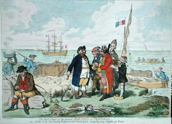 Skutečná příčina současných vysokých cen potravin, vydala Hannah Humphrey v roce 1795 (ručně kolorovaný lept) od James Gillray