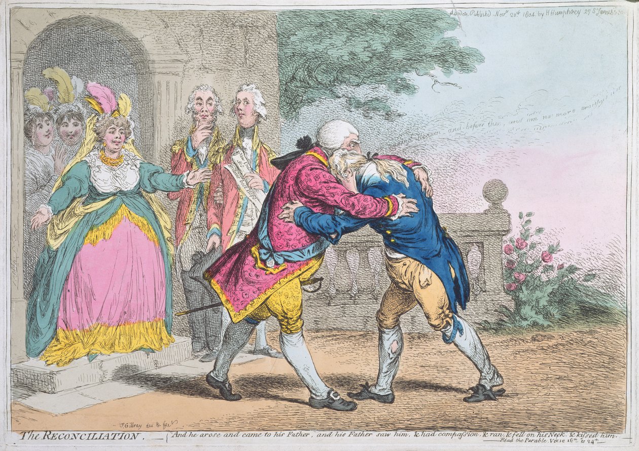 Smíření, vydala Hannah Humphrey, 1804 (kolorovaný lept) od James Gillray