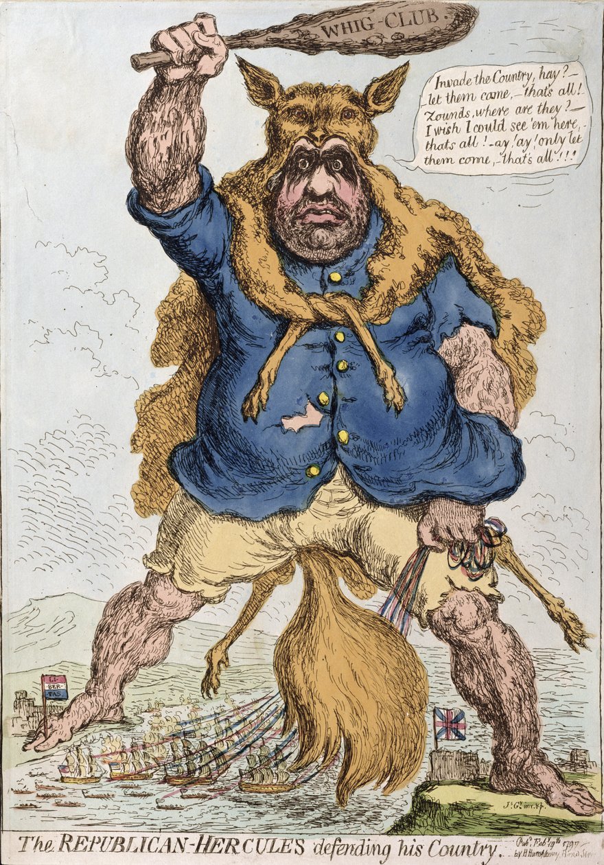 The Republican-Hercules Defending his Country, publikovala Hannah Humphrey v roce 1797 (ručně kolorovaný lept) od James Gillray
