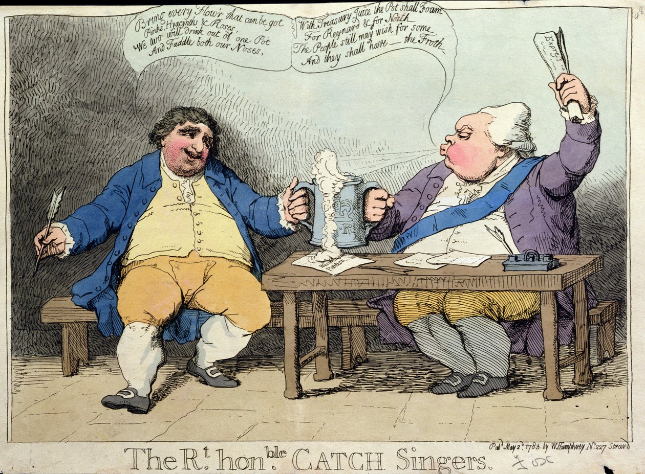 The Right Honorable Catch Singers, publikoval William Humphrey v roce 1783 (ručně kolorovaný lept) od James Gillray