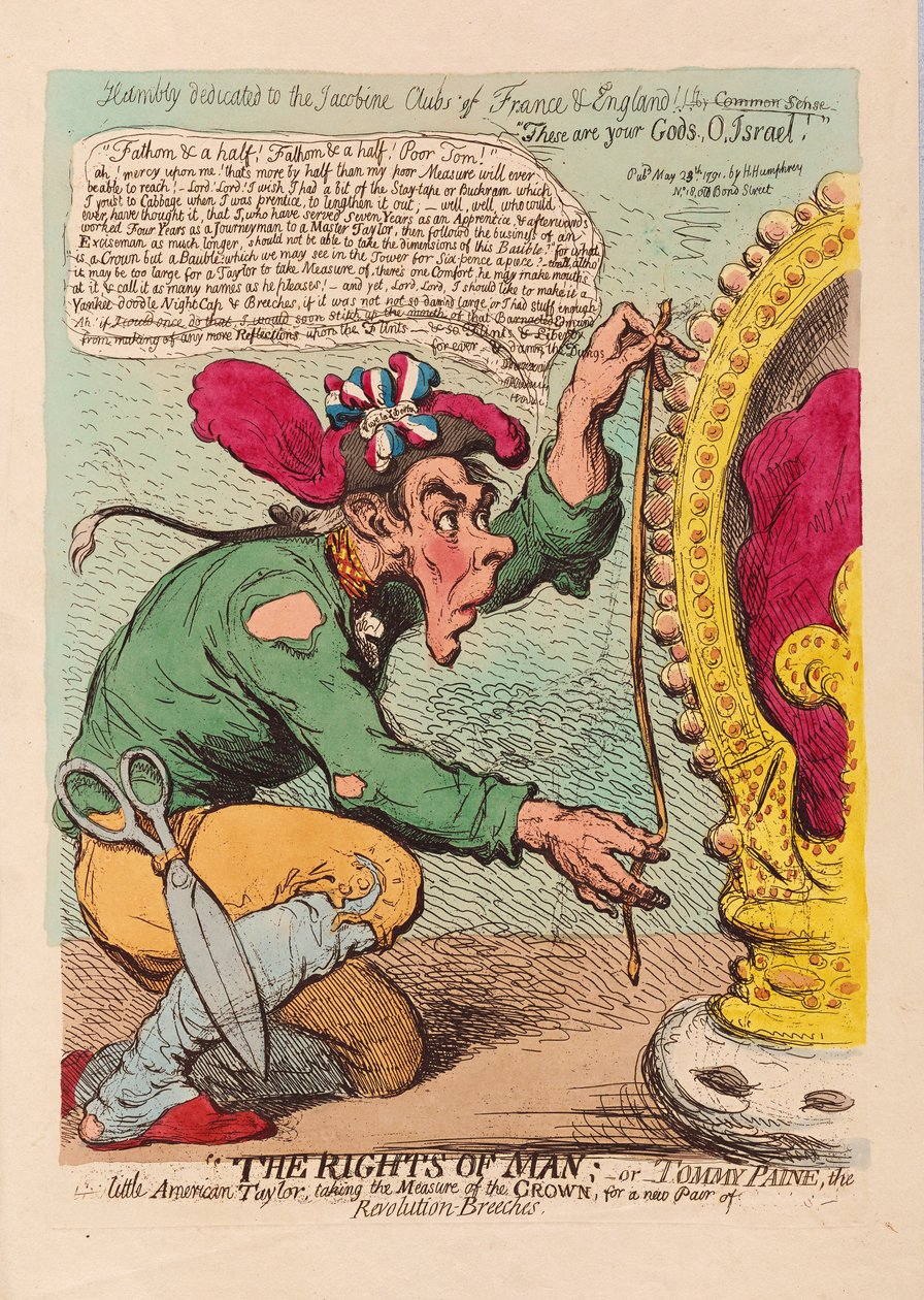 Práva člověka aneb Tomm Paine, Malý Američan Taylor bere na milost korunu za nový pár revolučních kalhot, vyd. 1791 (ručně kolorovaná rytina) od James Gillray