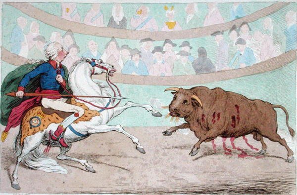 The Royal Bull-Fight, vydané Hannah Humphrey v roce 1795 (ručně kolorovaný lept) od James Gillray