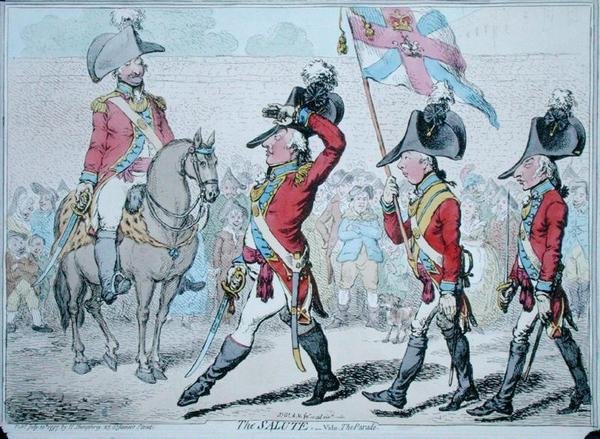 The Salute, nebo The Parade, publikovala Hannah Humphrey v roce 1797 (ručně kolorovaný lept) od James Gillray