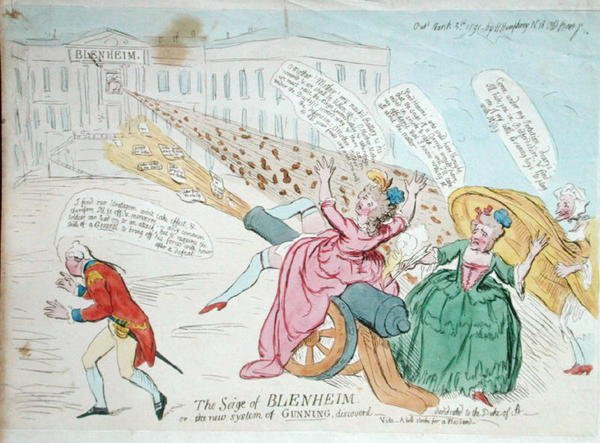 The Siege of Blenheim aneb The new system of Gunning discovery, publikovala Hannah Humphrey v roce 1791 (ručně kolorovaný lept) od James Gillray