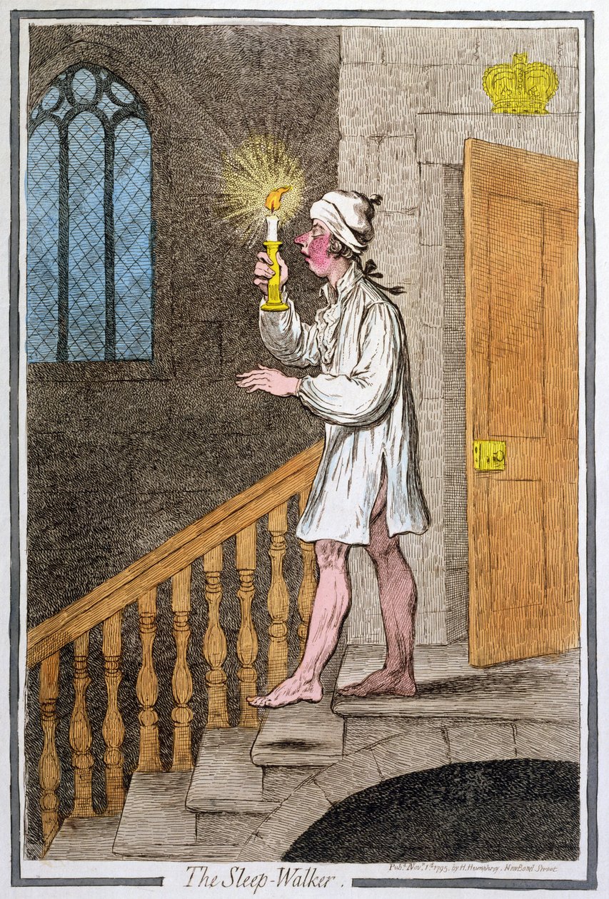 The Sleep-Walker, který vydala Hannah Humphrey v roce 1795 (ručně kolorovaný lept0 od James Gillray