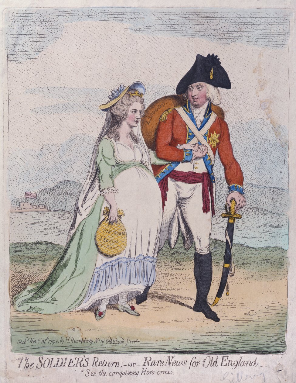 Vojáci se vracejí, aneb Rare News for Old England, publikovala Hannah Humphrey v roce 1791 (ručně kolorovaný lept) od James Gillray