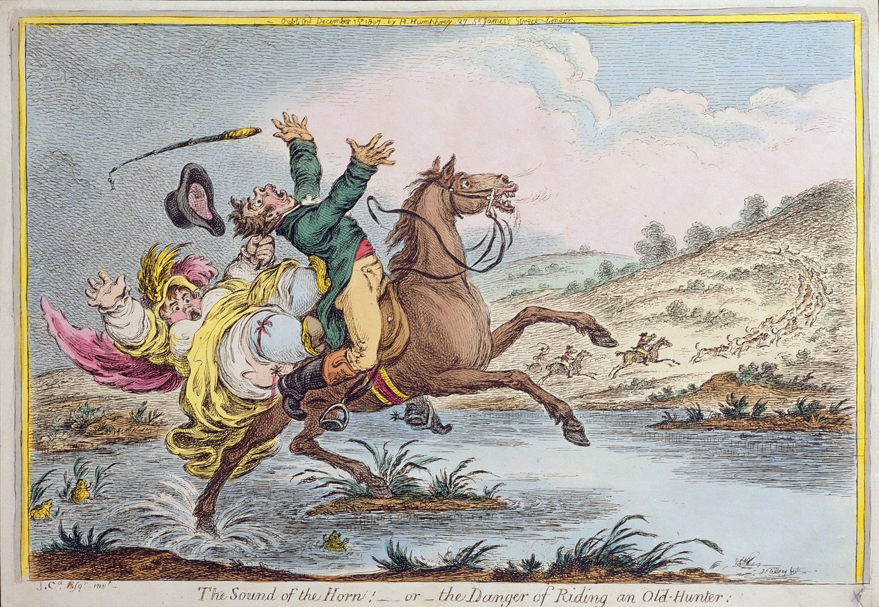 Zvuk rohu aneb Nebezpečí jízdy na starém lovci, vydaný Hannah Humphrey v roce 1807 (ručně kolorovaný lept) od James Gillray