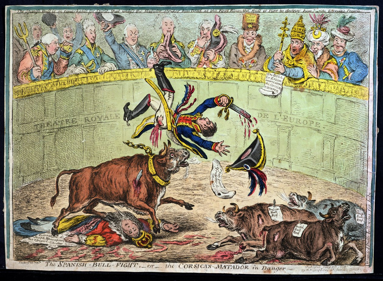 The Spanish Bull Fight, or The Corsican Matador in Danger, vydala Hannah Humphrey v roce 1808 (ručně kolorovaný lept) od James Gillray